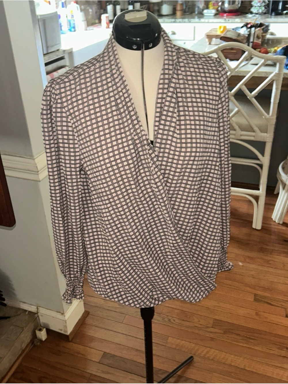 Adrianna Papell Taupe & White Plaid Wrap Blouse